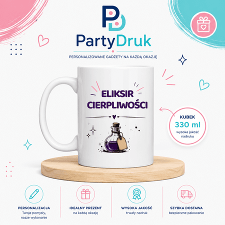 KUBEK PREZENT Z IMIENIEM PERSONALIZOWANY SMIESZNY ELIKSIR IMIE URODZINY